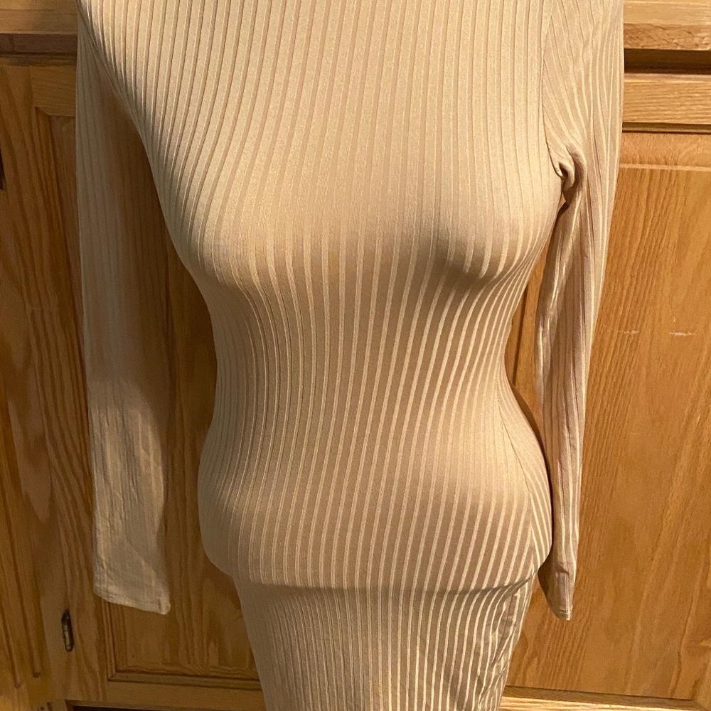 NWT Flounce Club Basic Ribbed Roll Neck Long Sleeve Dress In Carmel UK Sz 8 US 4